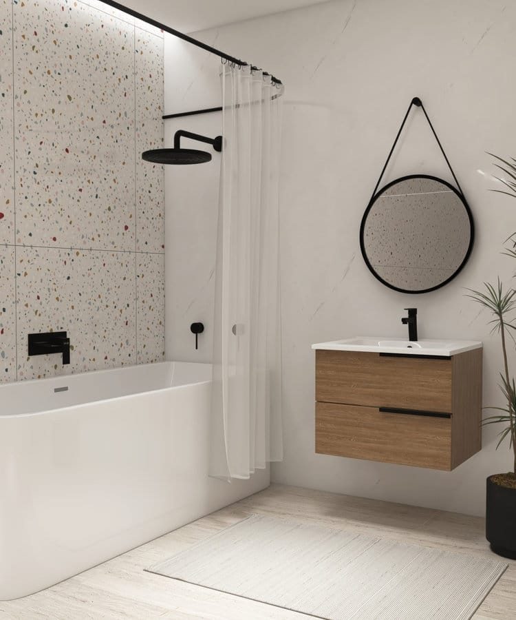 Modern,,Luxury,Bathroom,With,Wooden,Vanity,Counter,,White,Washbasin,,Round
